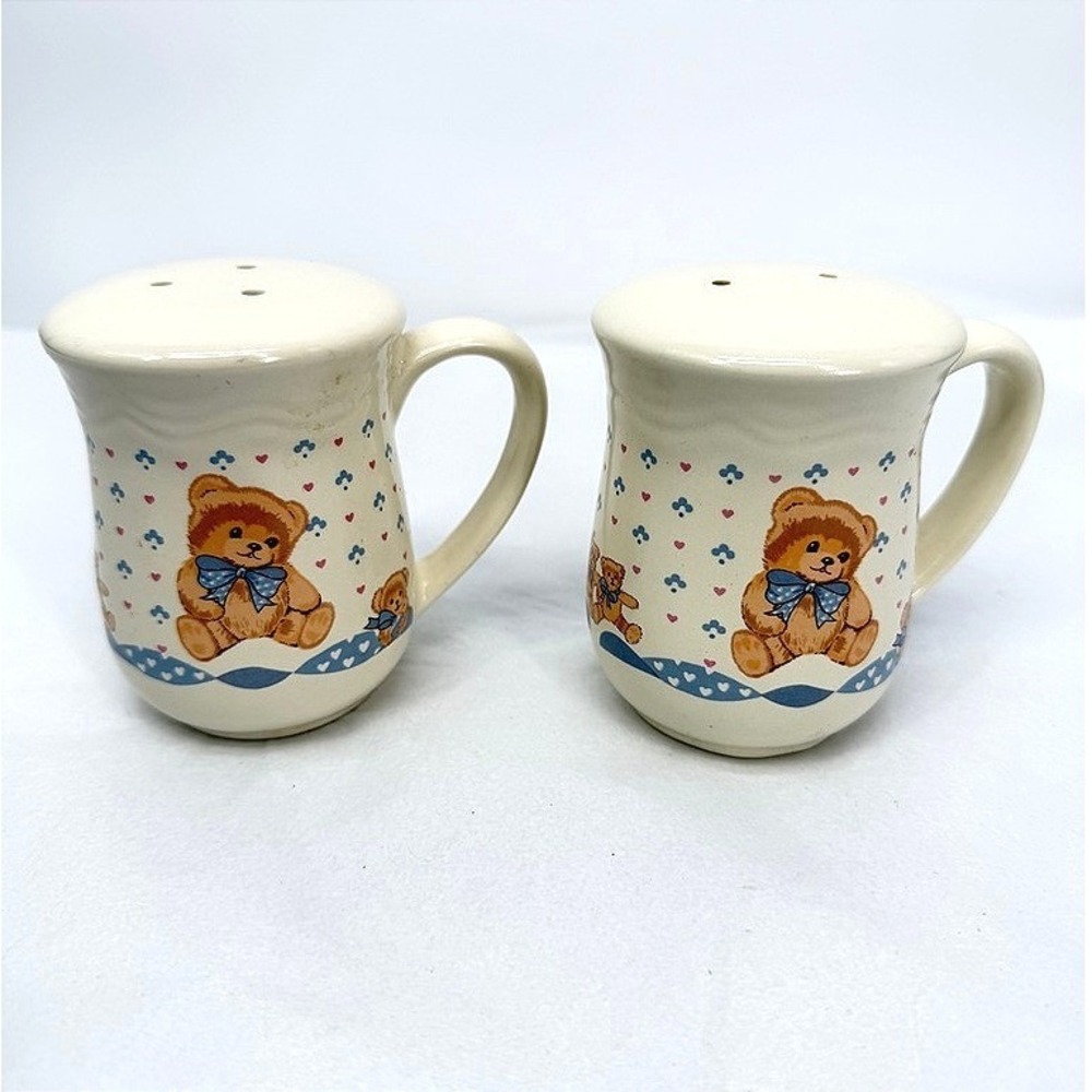 Tienshan Theodore Country Cottage Teddy Bear Salt & Pepper Shakers Ceramic VTG